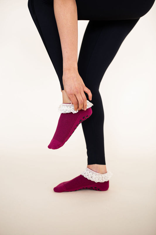 SALE Wine Lace Ruffle Grip Sock