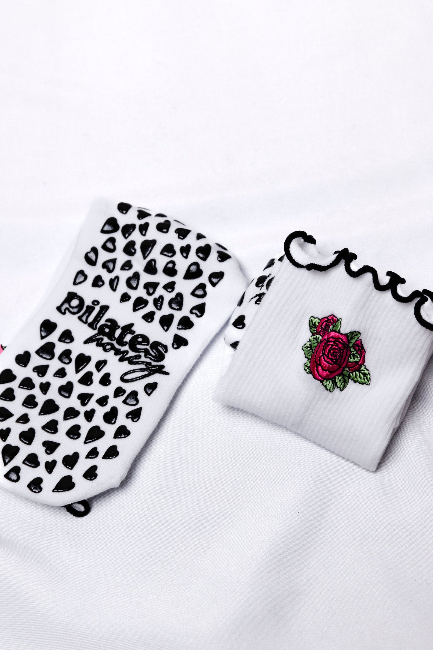 Embroidered Rose Lettuce Trim Grip Sock