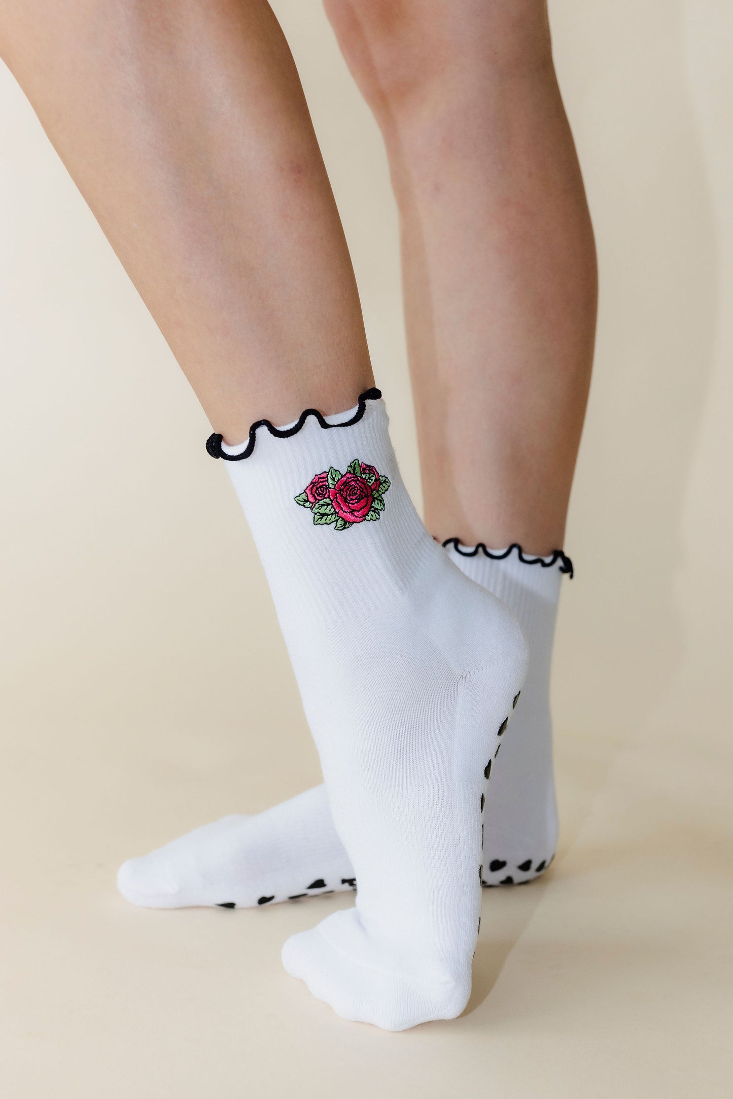 Embroidered Rose Lettuce Trim Grip Sock